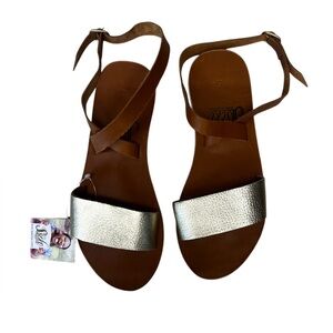 Sseko Rue Leather Gold‎ and Brown Ankle Strap Flat Sandals Size 5